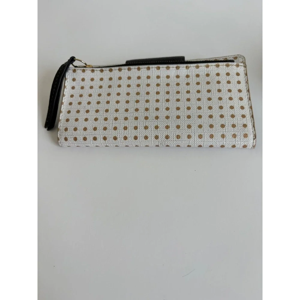 Fossil White Gold Polka‎ Dot Bifold Clutch Wallet Black Leather Snap Tab